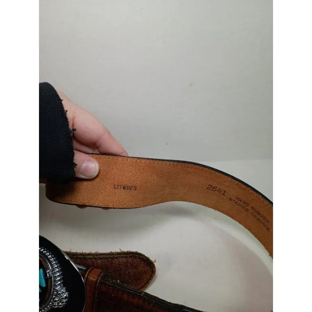 Vtg Litwin Leather Belt With Metal Western Turquoise Stone Buckle Size 30